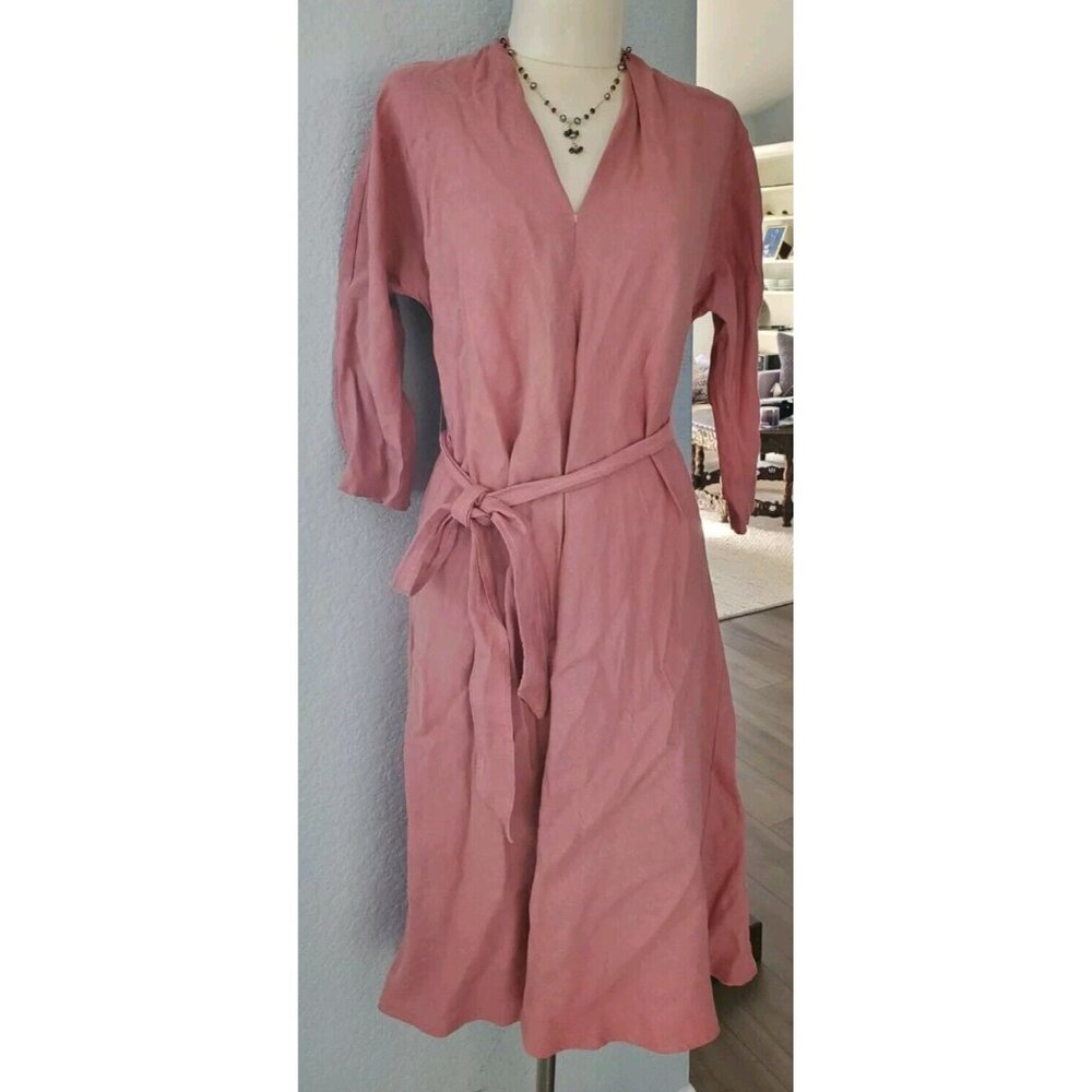 Pharoah Linen Blend Lydia Flared Midi Dress In Dusty Pink. Size 0  VGUC
